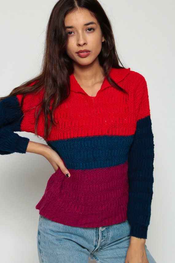 70s Striped Color Block Knit Sweater Collar Red Blue Semi-Sheer Medium