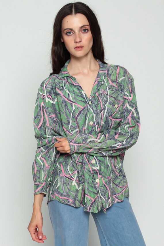 70s Striped Brush Stroke Blouse Green Pink Button Up Long Sleeve Extra Large