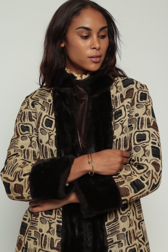 70s Tapestry Faux Fur Coat Brown Zip Front Jacket Medium