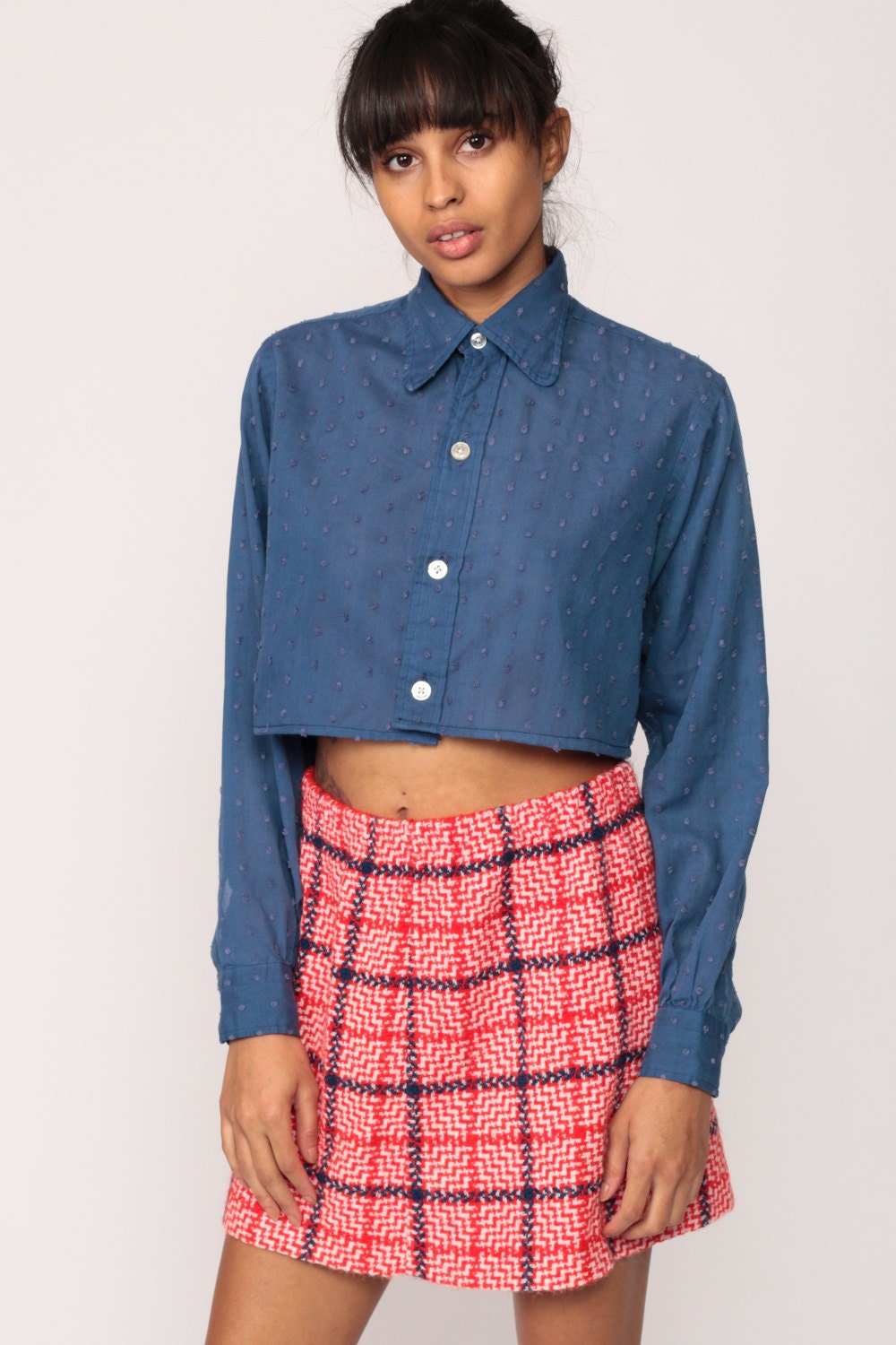 70s Blue Polka Dot Crop Top Long Sleeve Button Up Blouse Small Medium