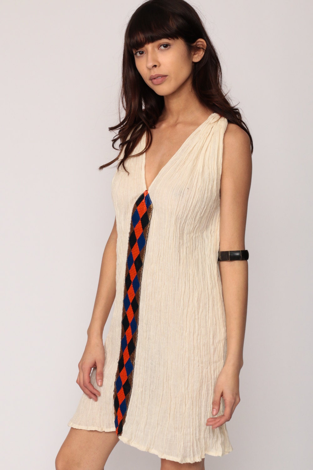 70s Cotton Gauze Embroidered Mini Dress Cream V-Neck Sleeveless Medium Large