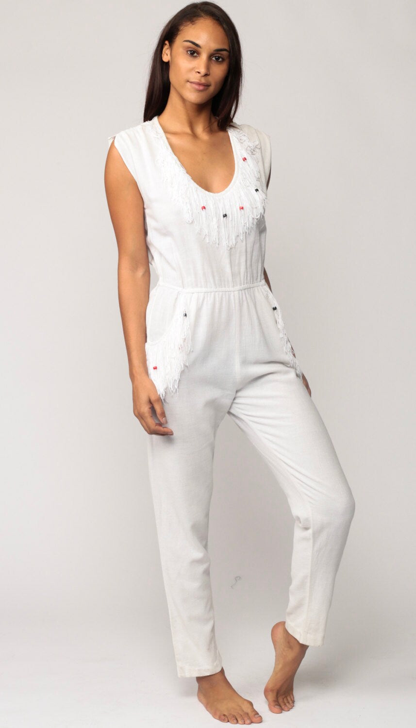80s White Jumpsuit Beaded Fringe Cap Sleeve High Waist Tapered Cotton Small Medium