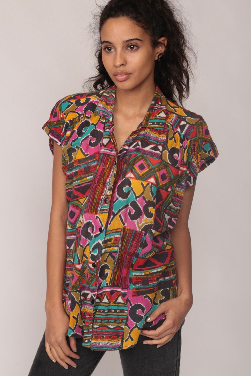 80s Tribal Southwestern Aztec Button-Up Blouse Cap Sleeve Multicolor Small Medium