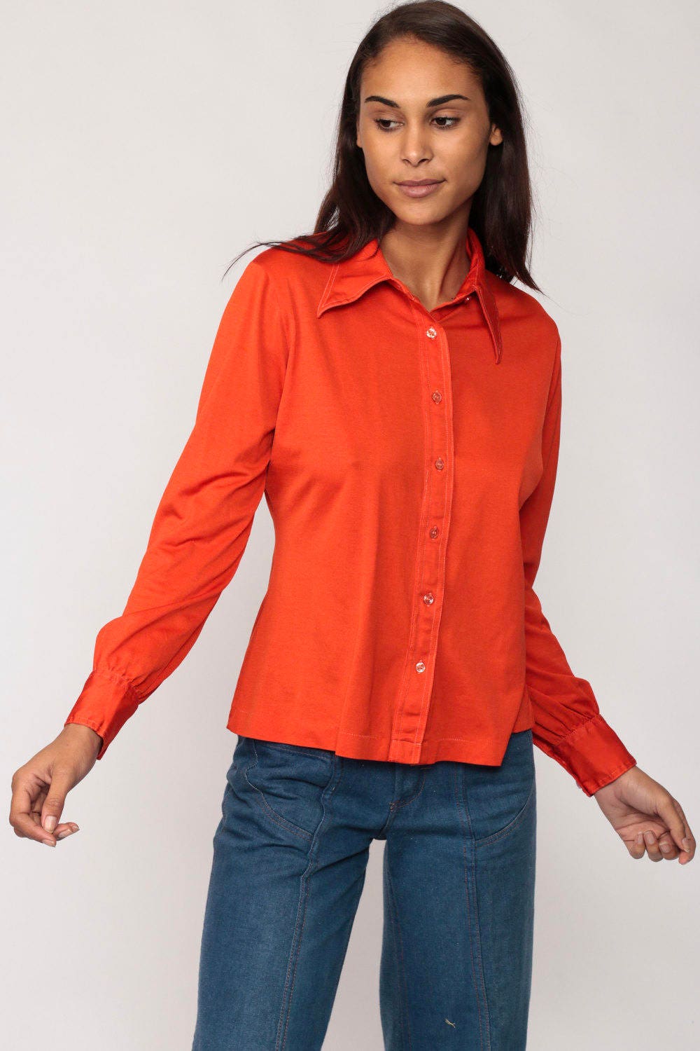 70s Orange Button-Up Shirt Long Sleeve Collared Blouse Large