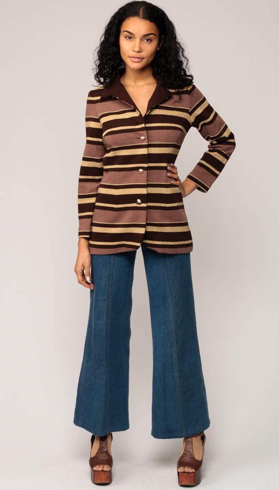 70s Striped Jacket Brown Gold Metallic Button-Up Coat Small