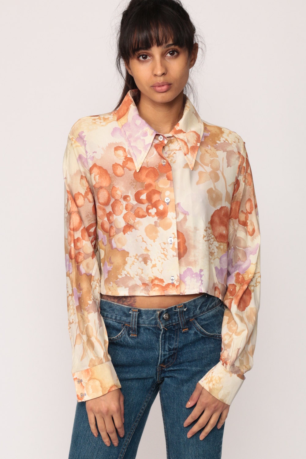 70s Watercolor Floral Button-Up Blouse Long Sleeve Crop Top Medium Large