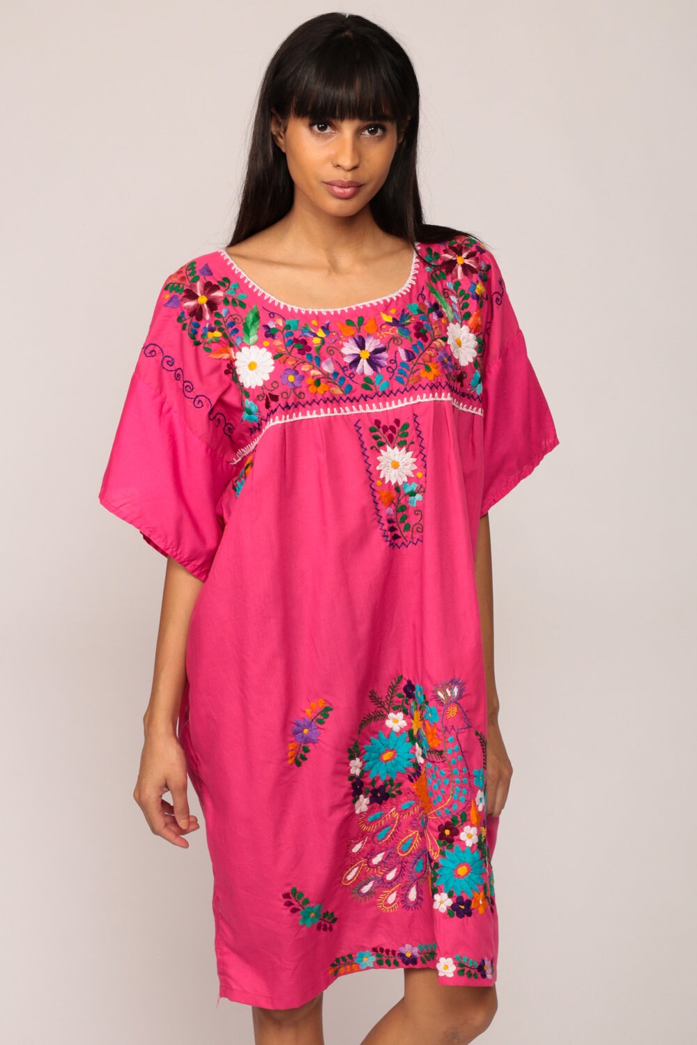 80s Mexican Embroidered Peacock Tunic Dress Hot Pink Cotton Extra Large XXL