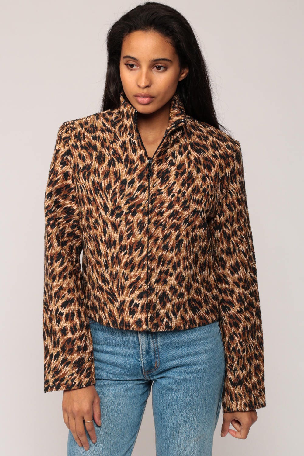 90s Leopard Print Tapestry Jacket Zip Up Grunge Animal Extra Small
