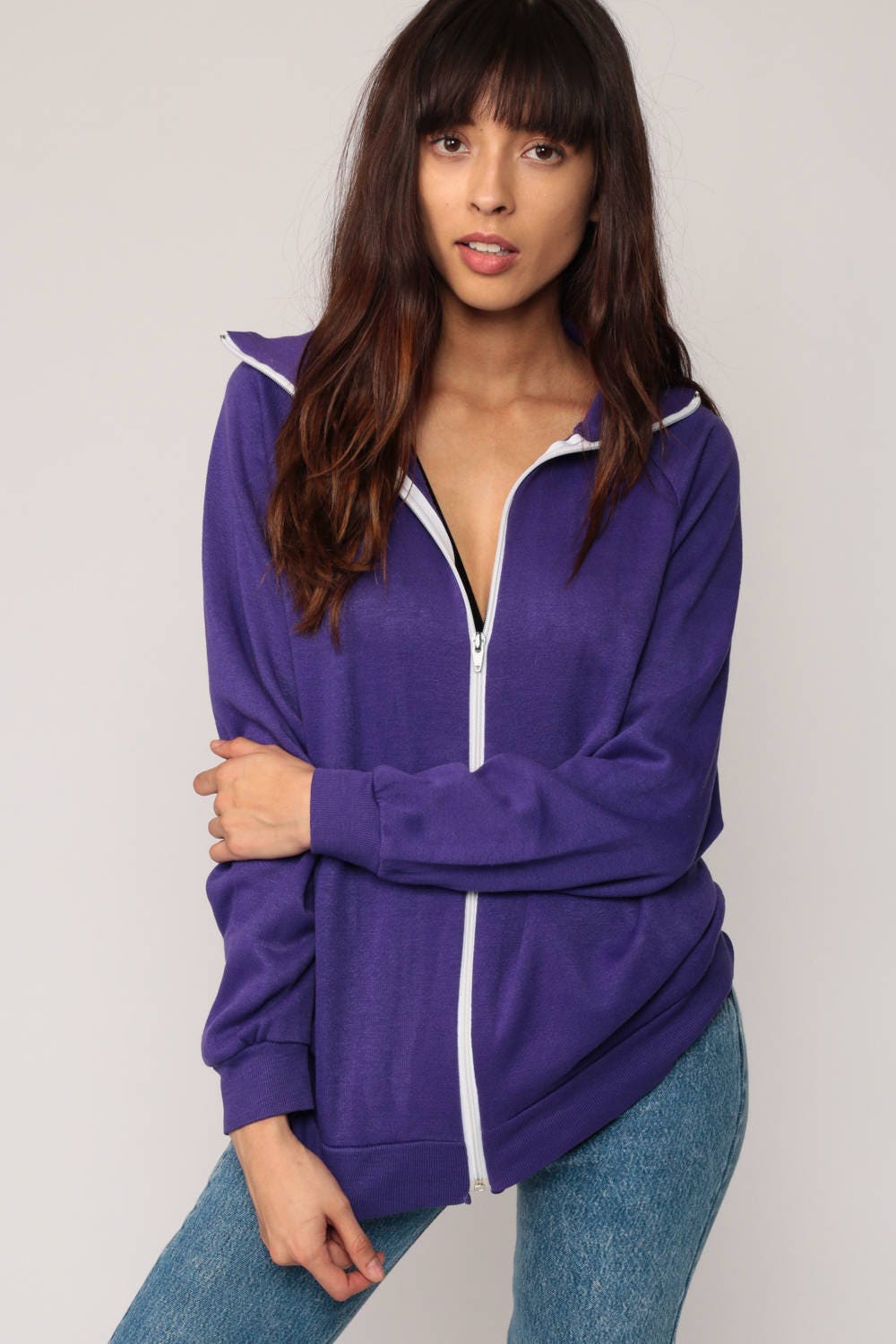 80s Purple Track Jacket Raglan Zip Up Sweatshirt Small