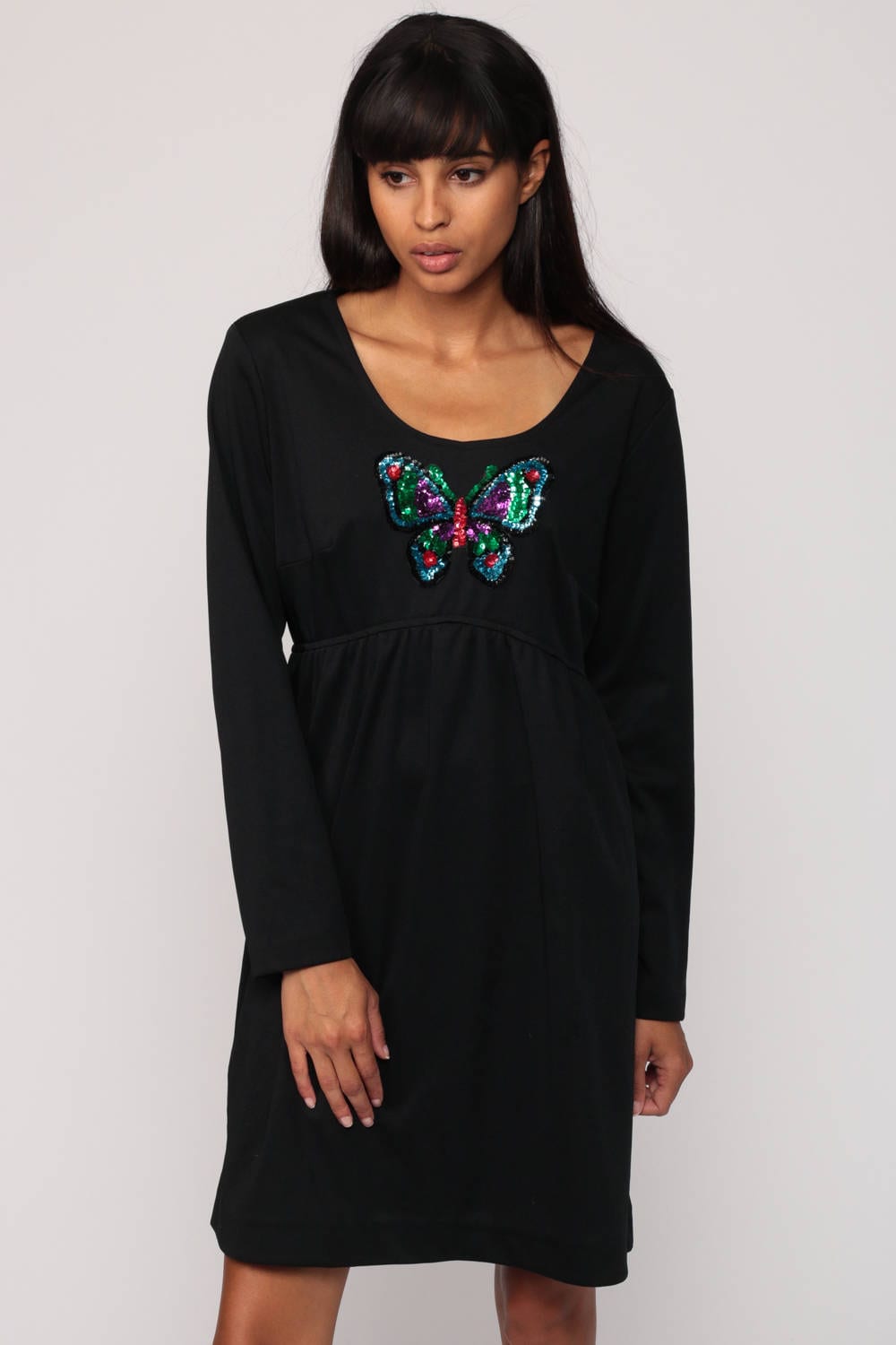 70s Babydoll Minidress Black Sequin Butterfly Empire Waist Long Sleeve Small