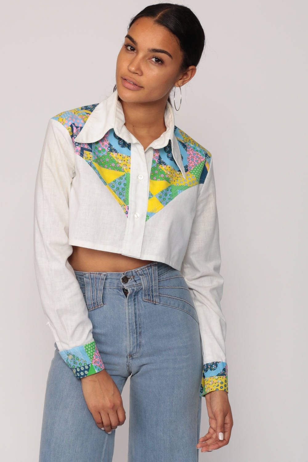 70s Western Shirt Patchwork Floral Yoke Crop Top White Long Sleeve Small