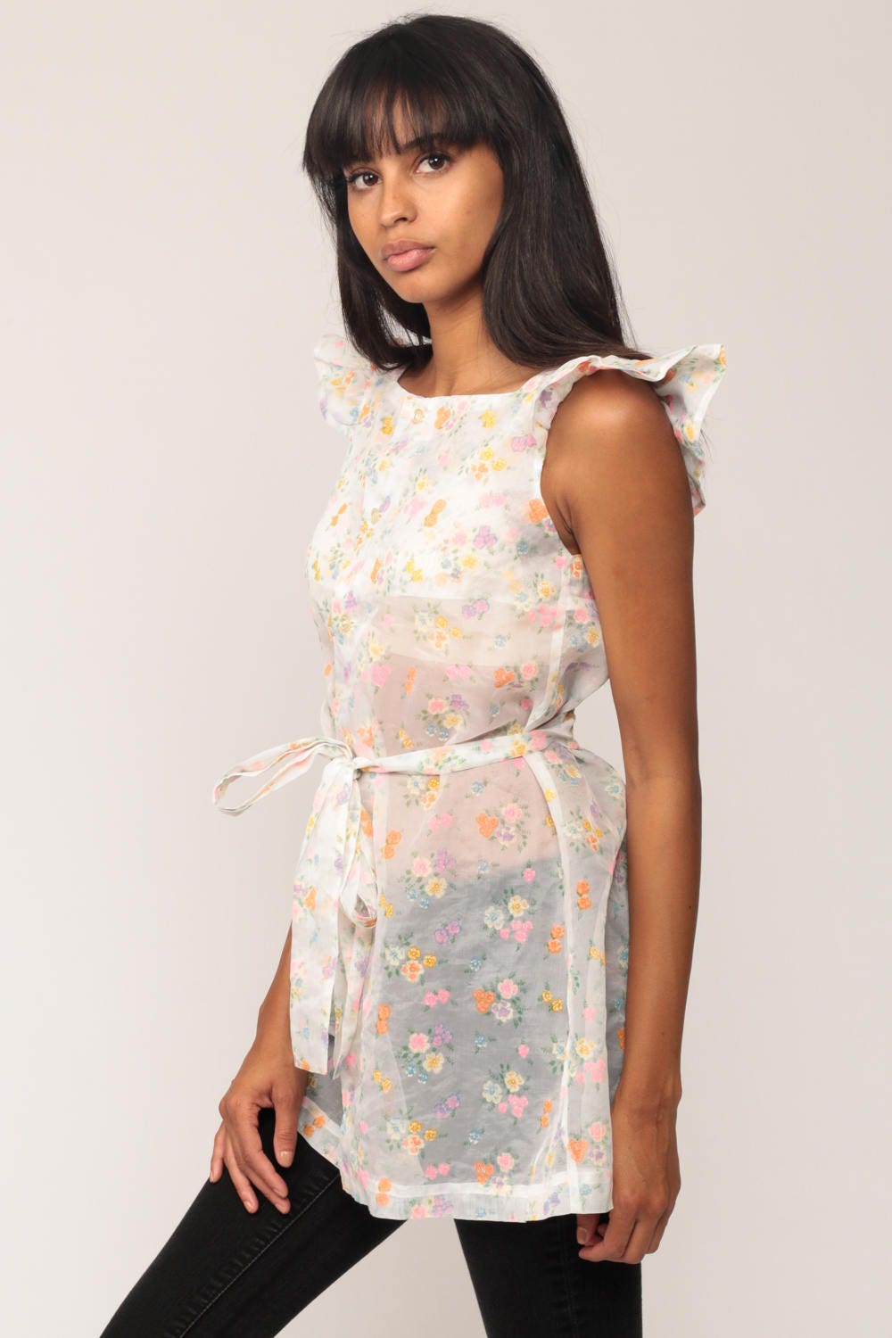 70s Floral Sheer Blouse White Flutter Sleeve Button Up Tunic Extra Small