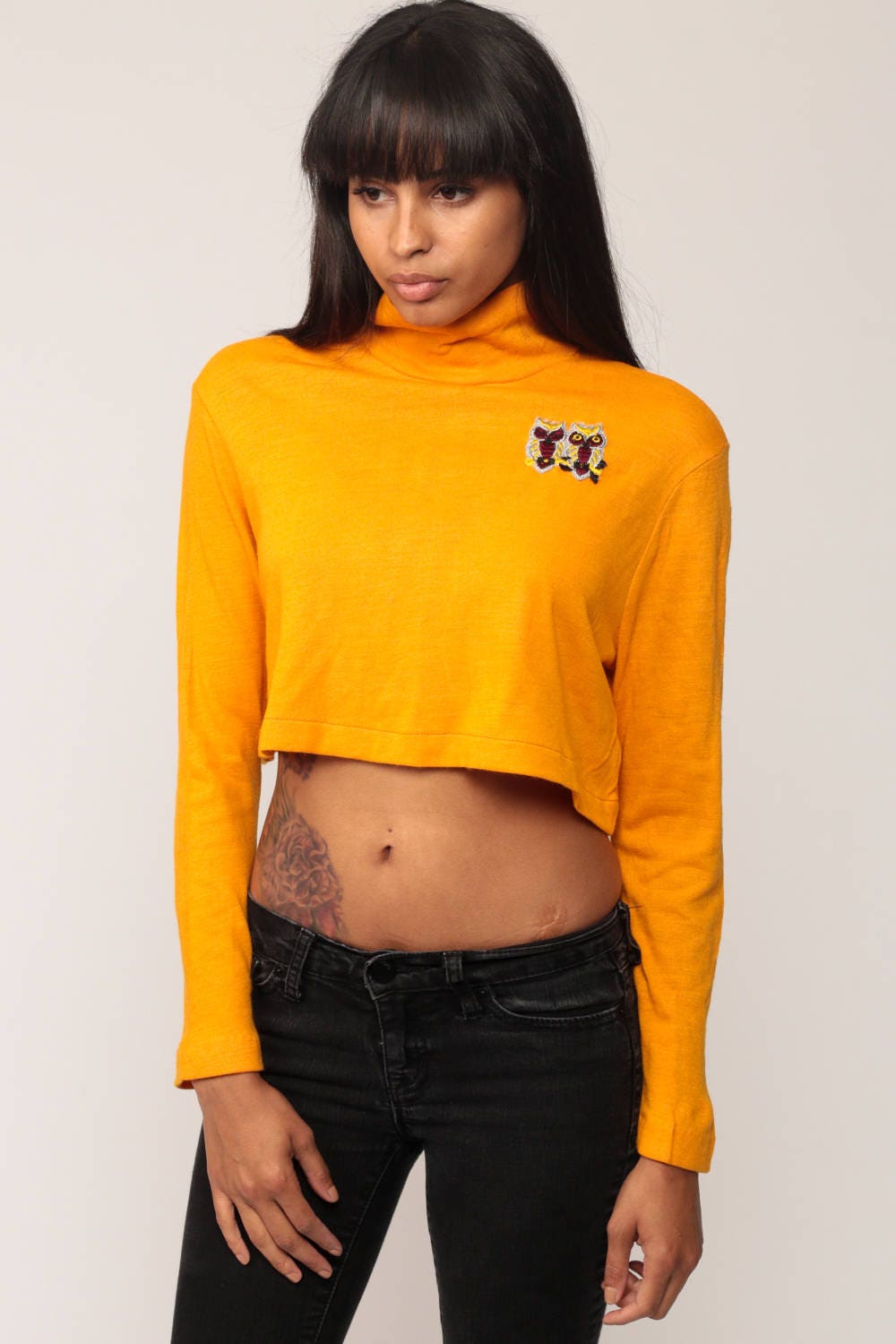 70s Owl Crop Top Yellow Turtleneck Long Sleeve Shirt Medium