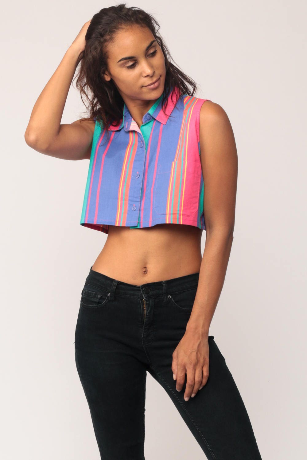 90s Striped Sleeveless Button-Up Blouse Crop Top Pink Purple Small Medium
