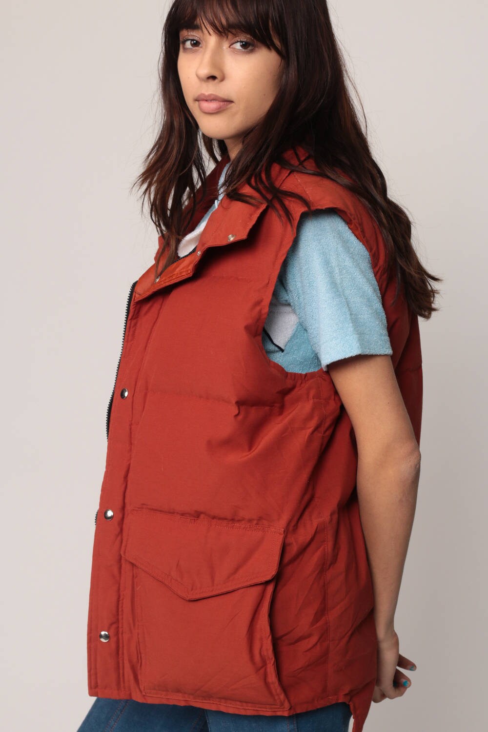 70s Puffer Vest Rust Brown Zip Sleeveless Jacket Unisex Large