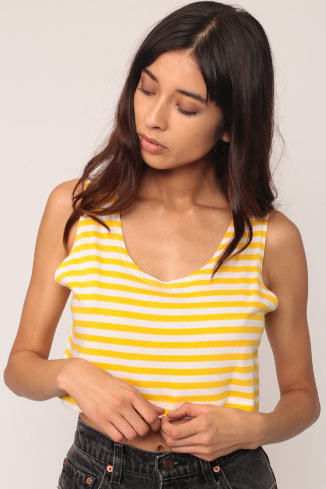 80s Yellow & White Striped Crop Tank Top Medium
