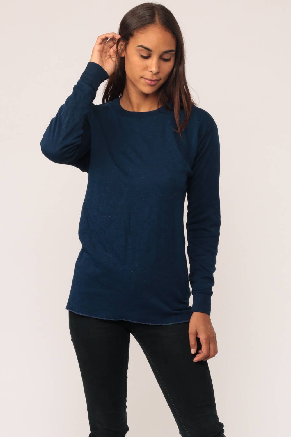 80s Navy Long Sleeve T-Shirt Distressed Grunge Tee Large