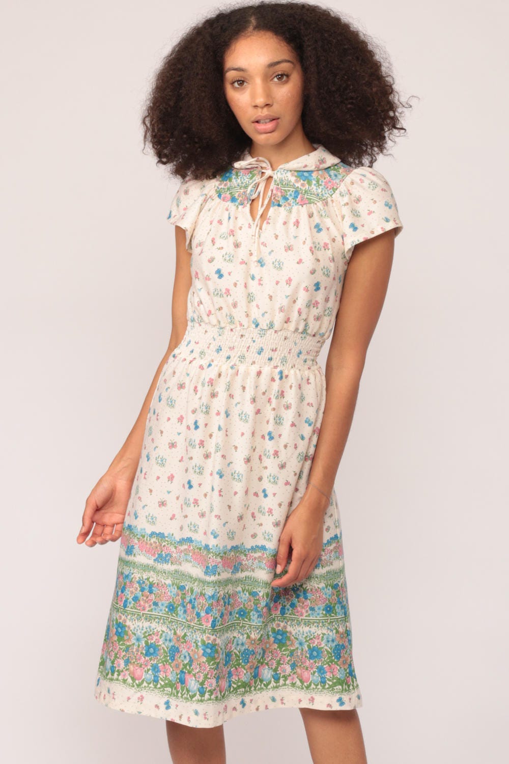 70s Floral Midi Dress Keyhole Neck High Waisted Cap Sleeve Small
