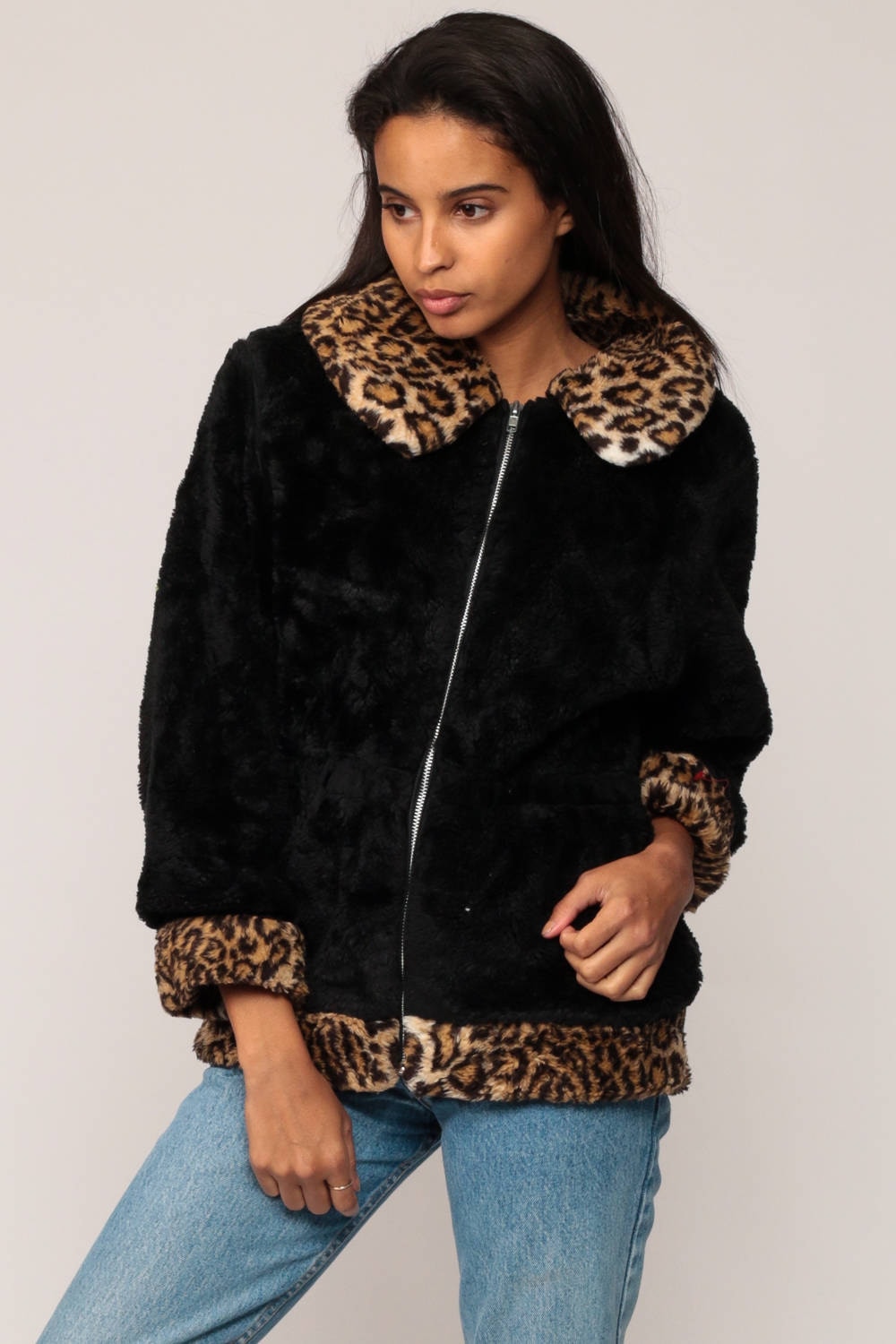 90s Black Leopard Print Faux Fur Jacket Small