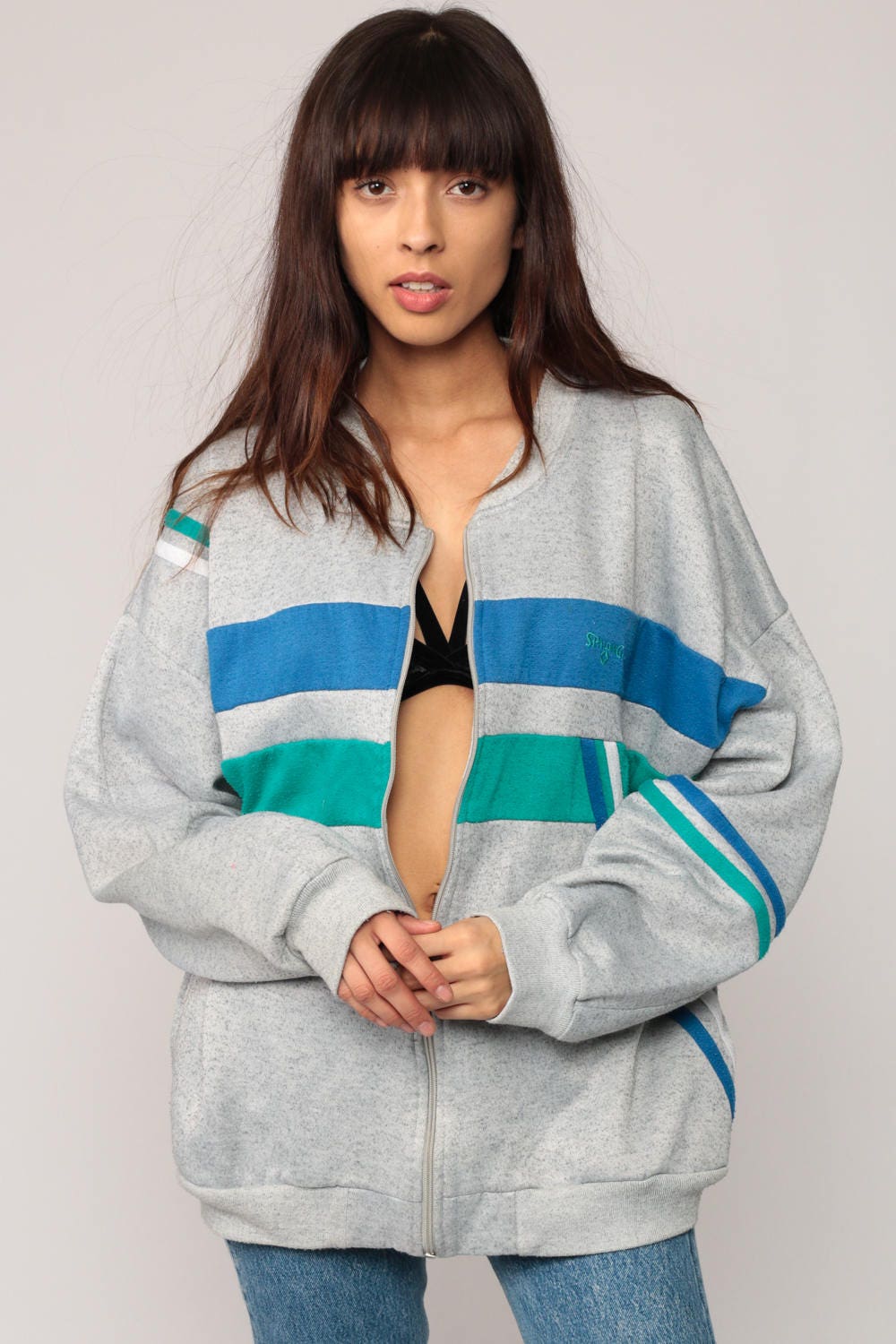 80s Spalding Zip-Up Sweatshirt Striped Track Jacket Grey Green Blue Extra Large XXL