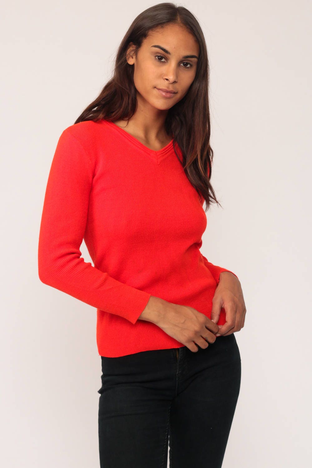 70s Red Knit V-Neck Sweater Long Sleeve Top Extra Small XS