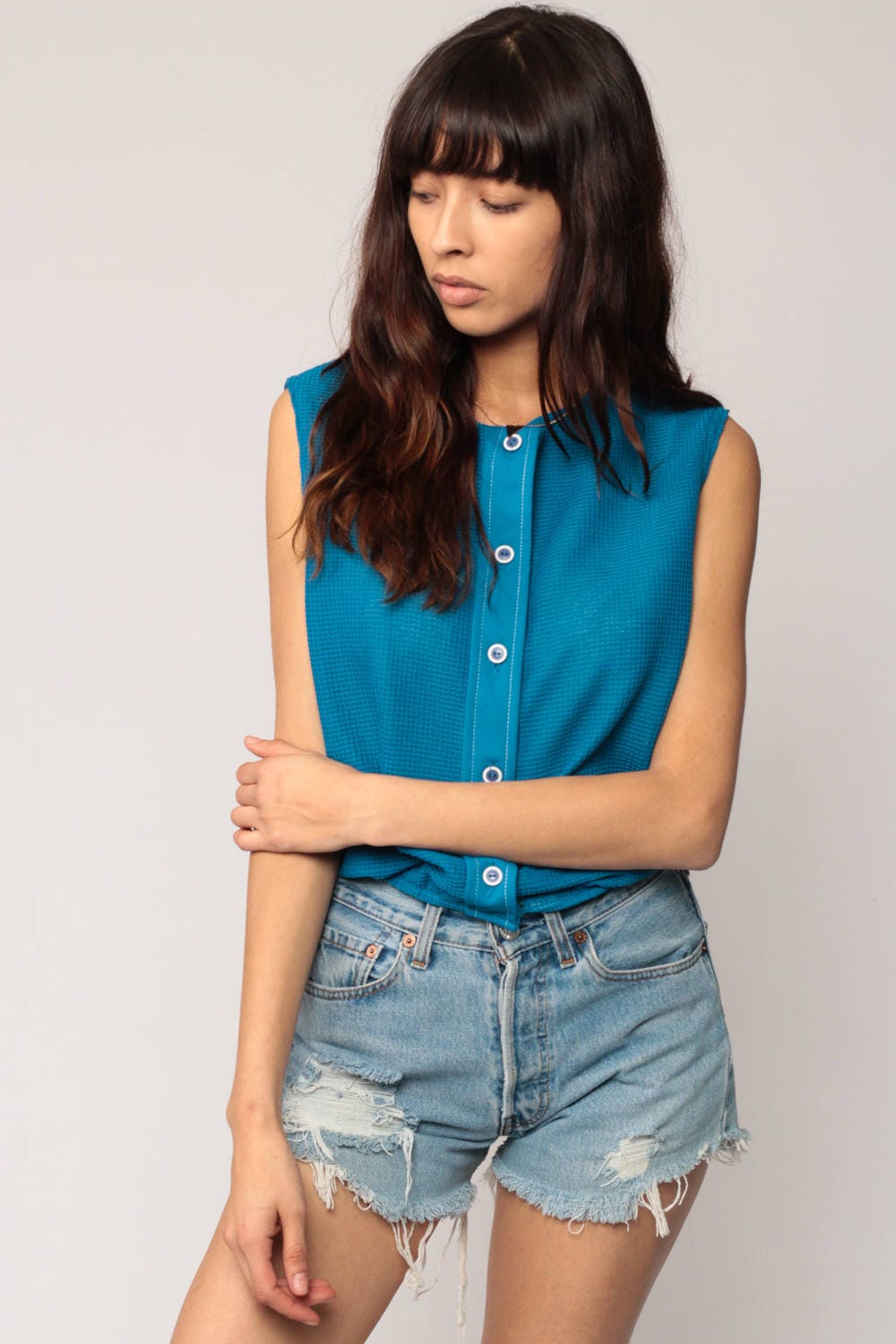 80s Blue Sleeveless Button-Up Tank Top Medium