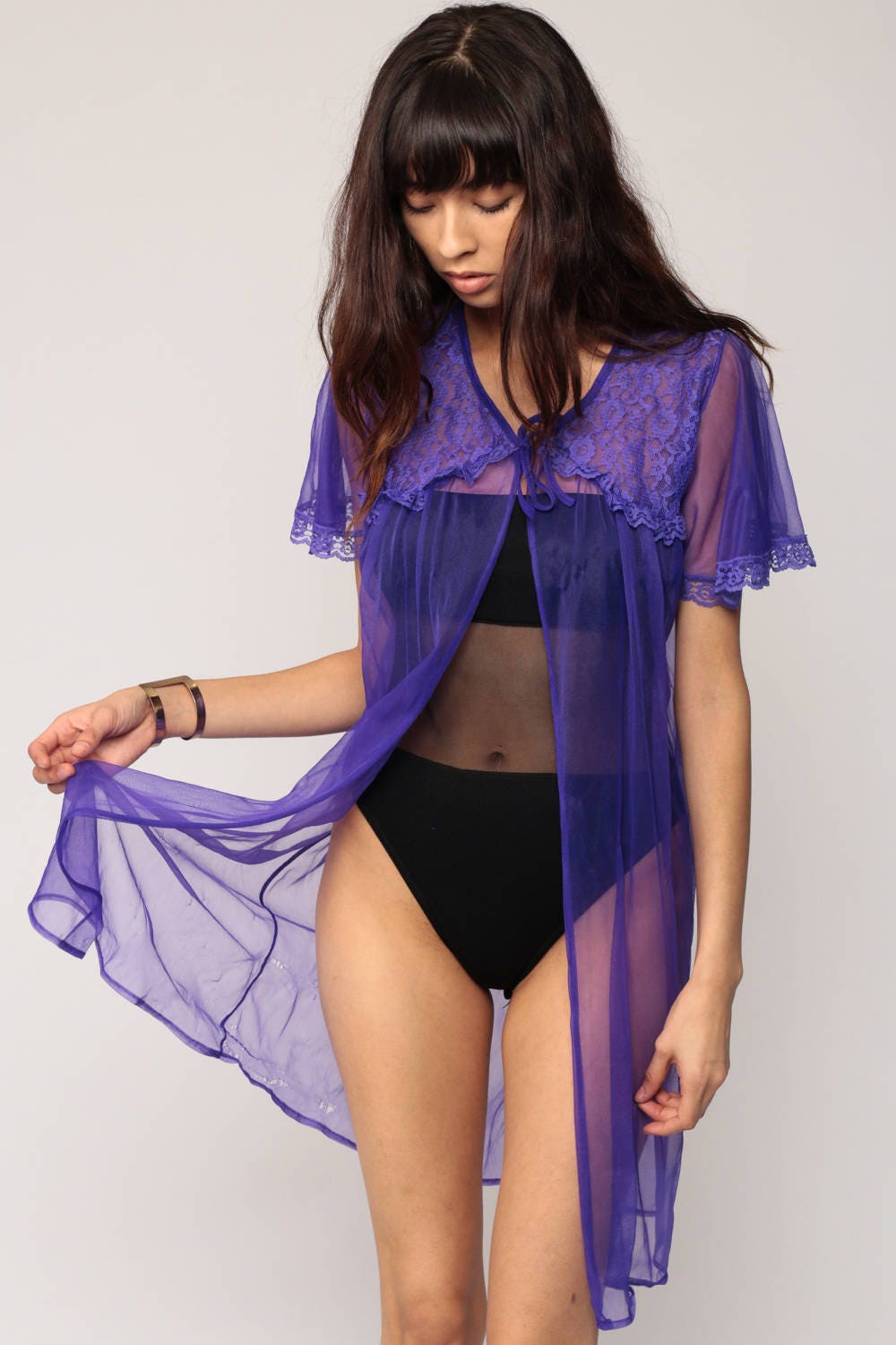 80s Purple Sheer Lace Kimono Robe Flutter Sleeve Bed Jacket Medium