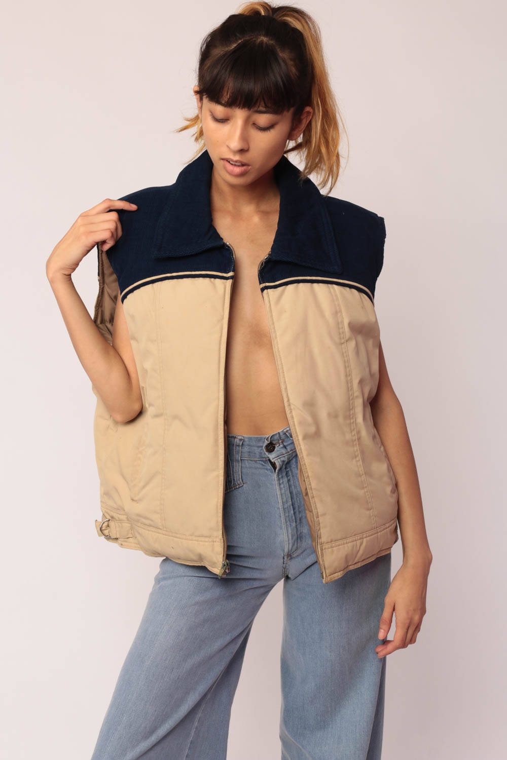 80s Puffer Vest Corduroy Colour Block Down Fill Sleeveless Tan Blue Extra Large