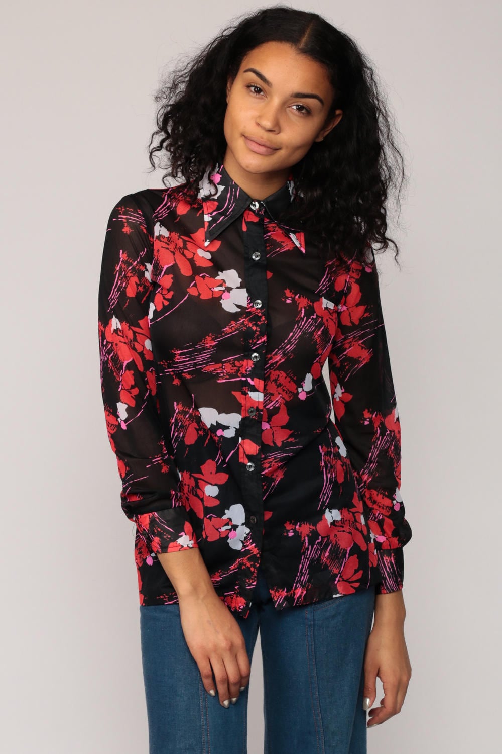 70s Black Floral Button-Up Blouse Long Sleeve Sheer Collar Small