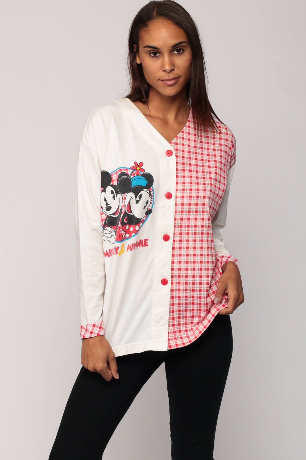 80s Disney Mickey Minnie Mouse Pajama Shirt Red Plaid Button-Up Large