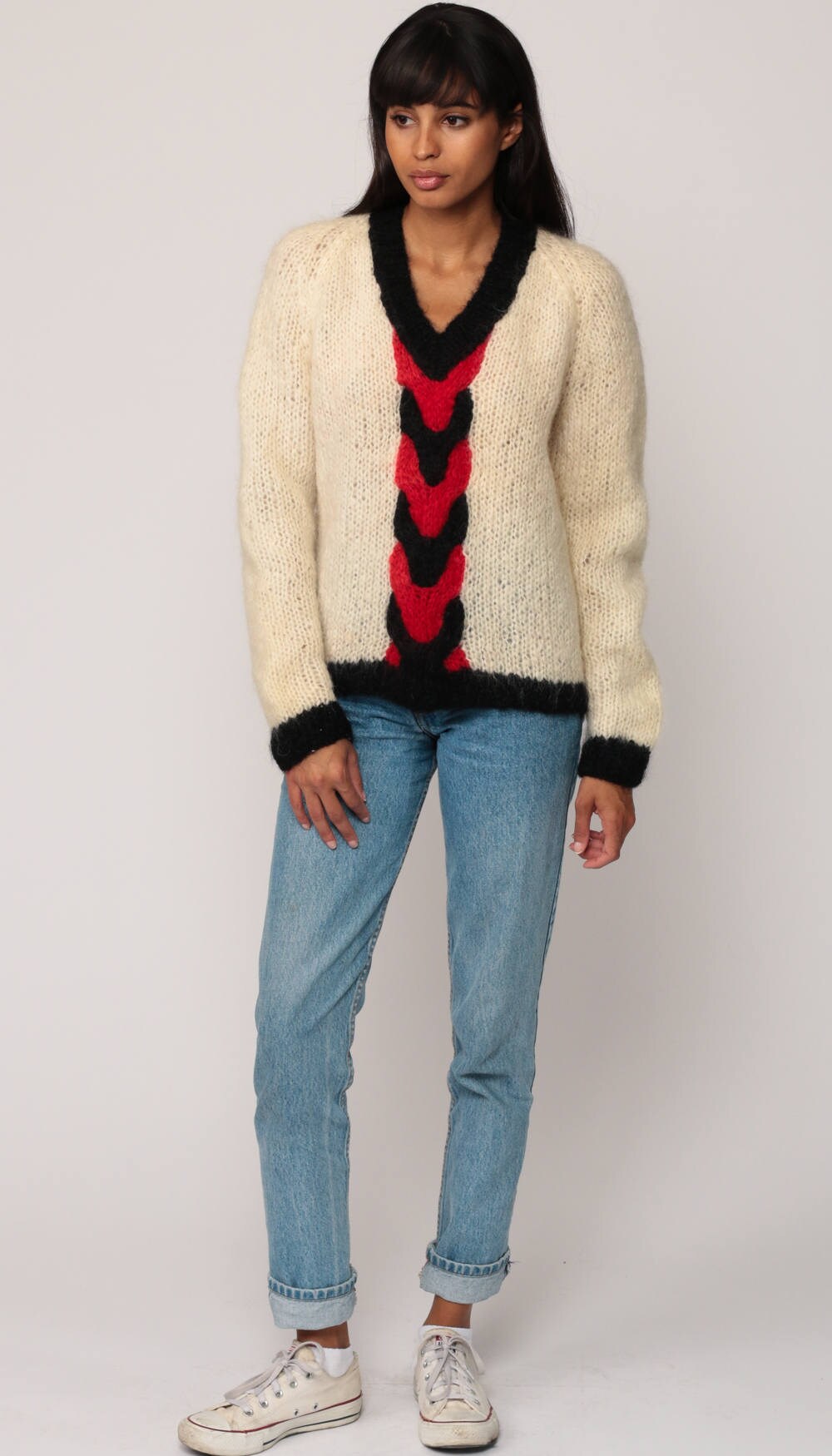 70s Angora Wool V-Neck Sweater Italian Braided Pullover Cream Small