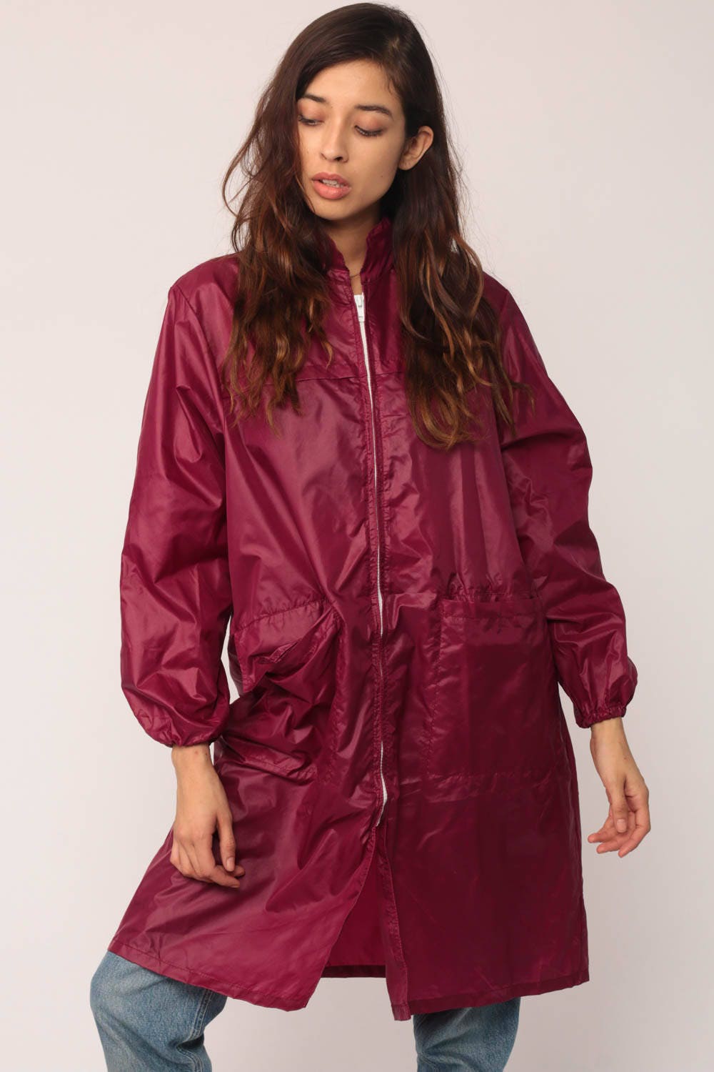 80s Burgundy Hooded Windbreaker Jacket Nylon Zip Hood Large