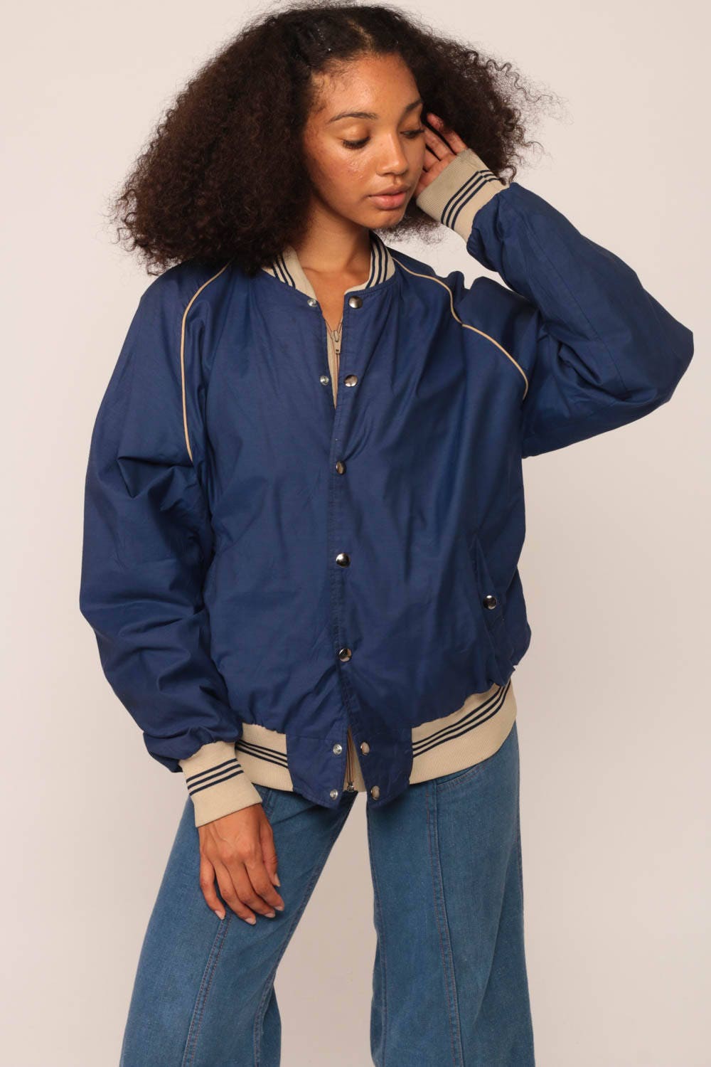 80s Baseball Windbreaker Jacket Navy Tan Striped Raglan Unisex Medium Large