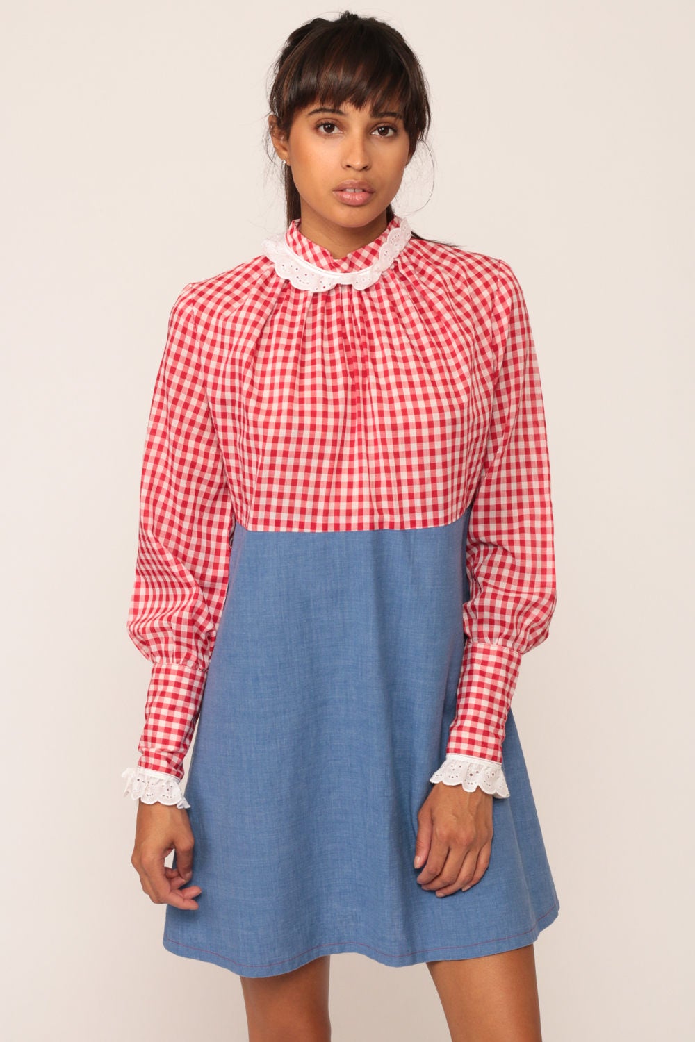 70s Mini Dress Red Gingham Eyelet Lace Collar Empire Waist Medium