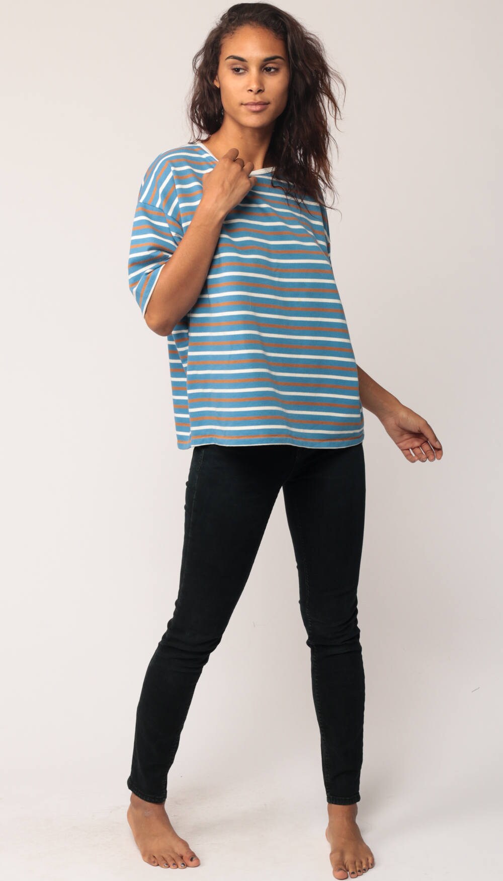 80s Striped T-Shirt Blue White Brown Ringer Tee Short Sleeve Large