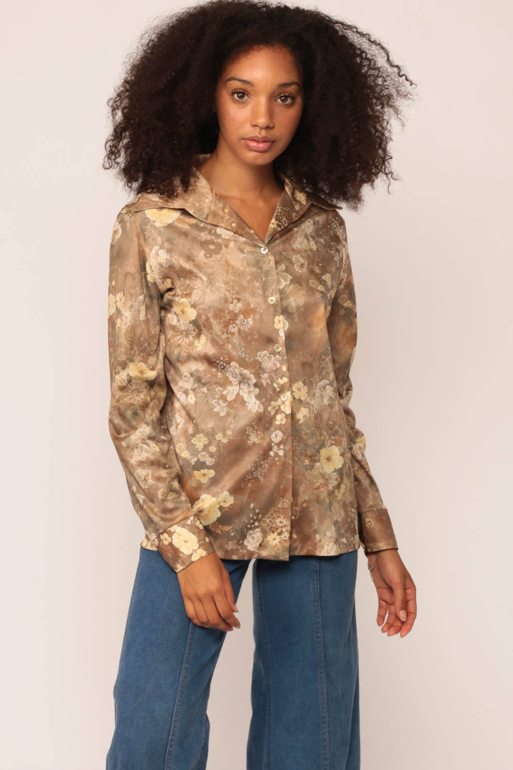 70s Floral Button-Up Blouse Brown Yellow Long Sleeve Shirt Large