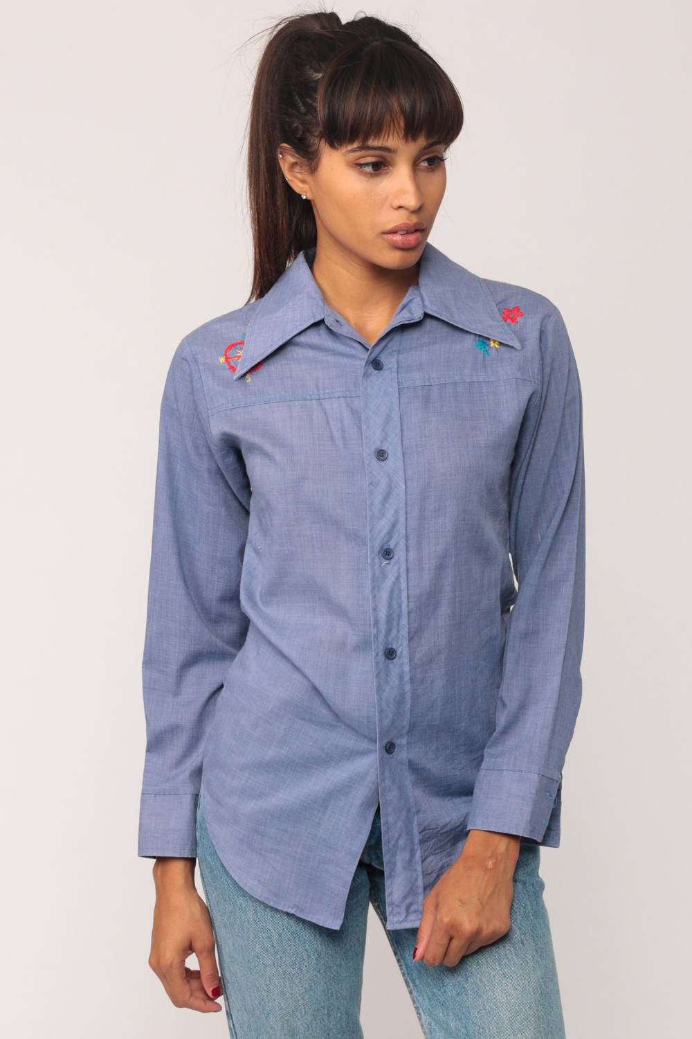 70s Western Chambray Shirt Embroidered Compass Flowers Blue Long Sleeve Extra Small