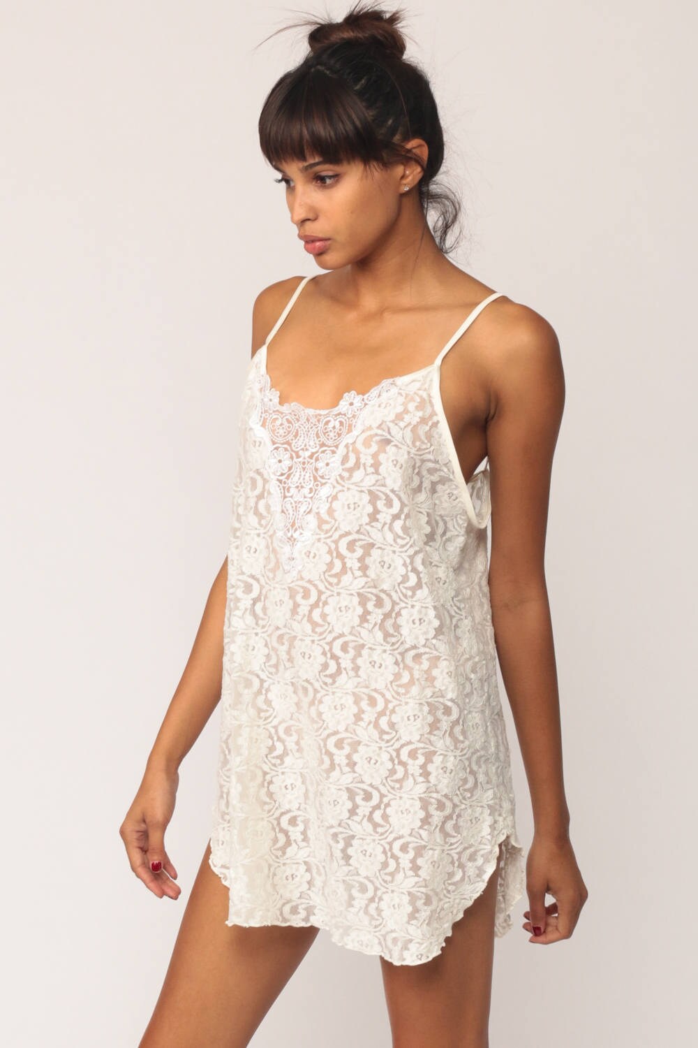90s White Lace Slip Dress Sheer Spaghetti Strap Chemise Mini Medium Large