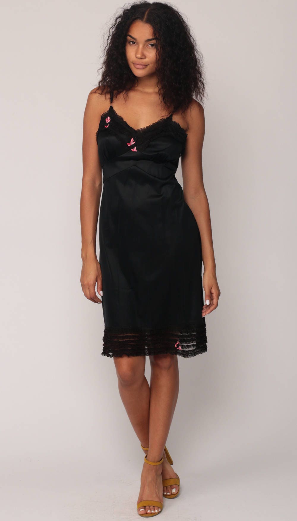 70s Black Slip Dress Lace Pink Floral Empire Waist Mini Nightgown Small Medium