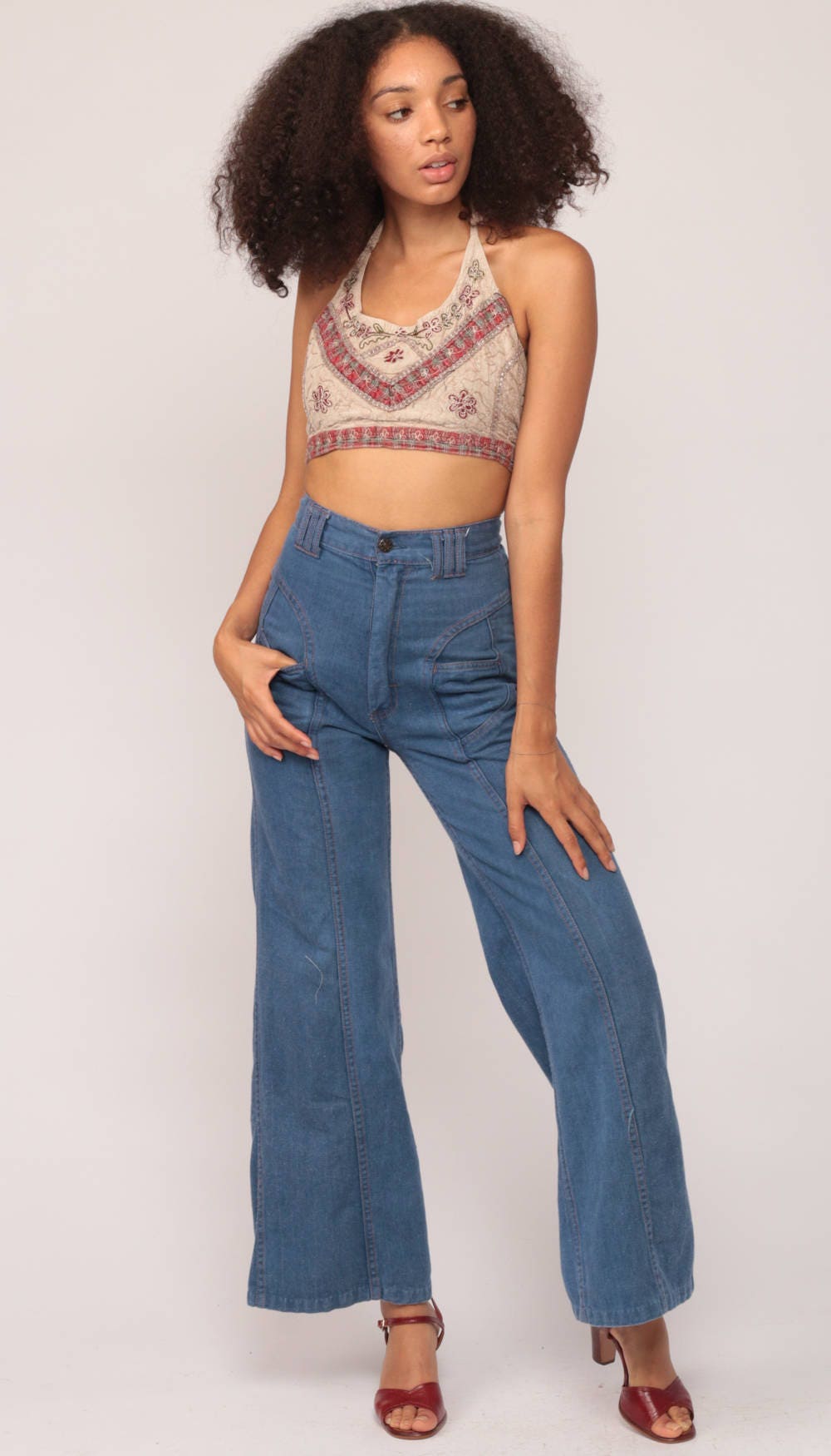 90s Halter Crop Tank Top Floral Embroidered Plaid Trim Taupe Small Medium