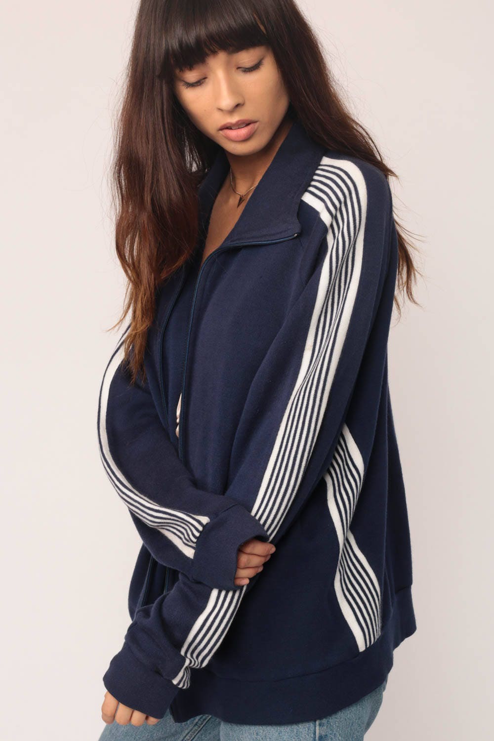 80s Dark Blue Striped Track Jacket Raglan Sleeve Zip Up Large