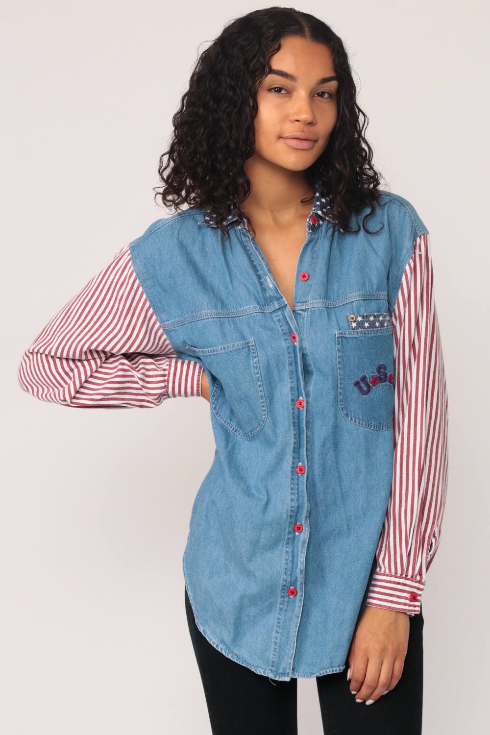 90s American Flag Denim Shirt Blue Jean Button-Up Long Sleeve Medium