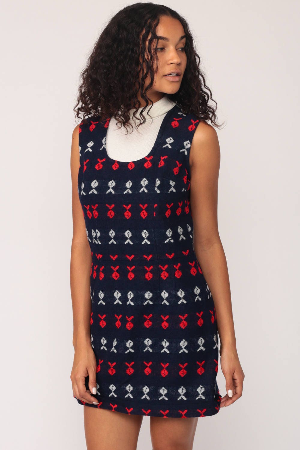 70s Mod Mini Dress Fish Print Bib Turtleneck Navy Red White Small