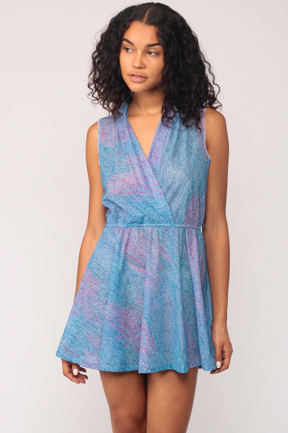 1970s Blue Wavy Stripe Wrap Mini Dress Deep V Neck High Waist Medium Large