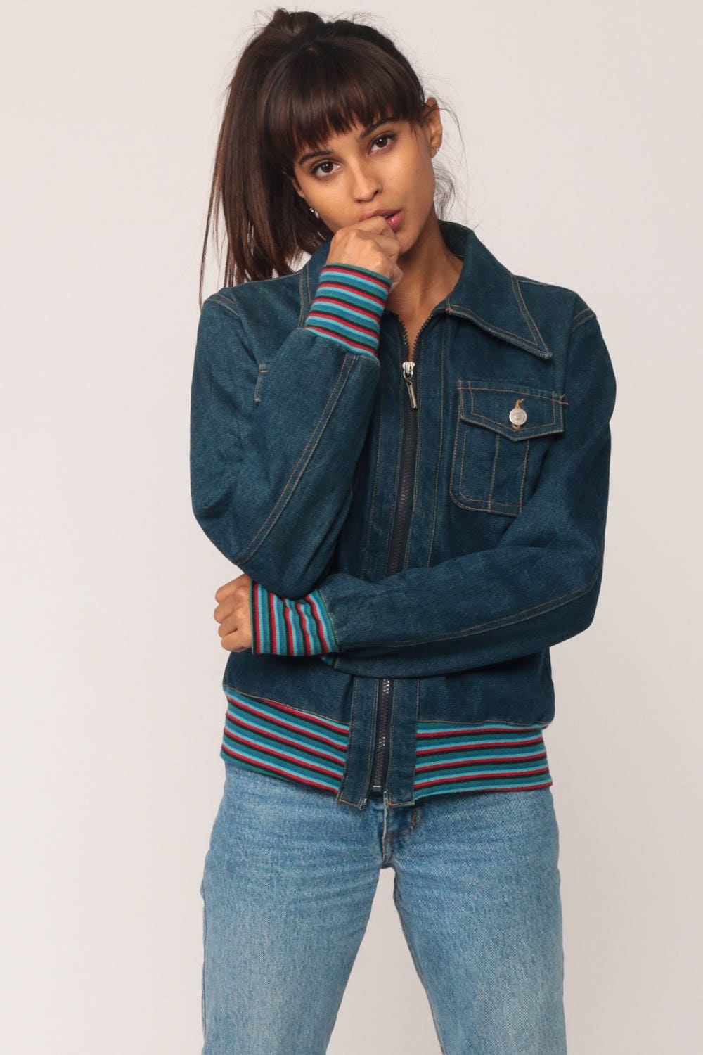 90s Blue Denim Jacket Striped Trim Zip-Up Small