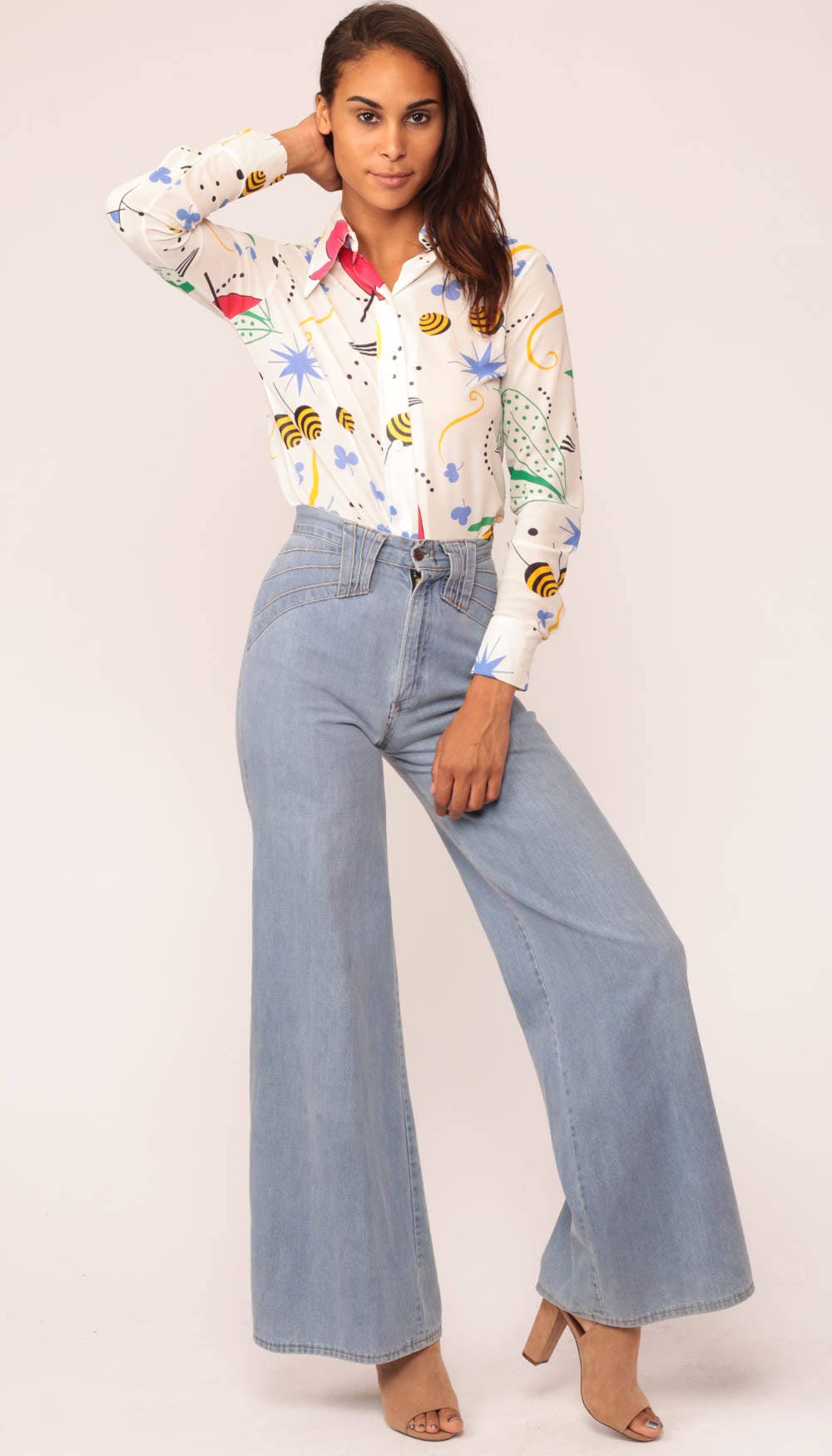 70s Geometric Shapes Button-Up Blouse Clover Star Leaf Print Small Medium