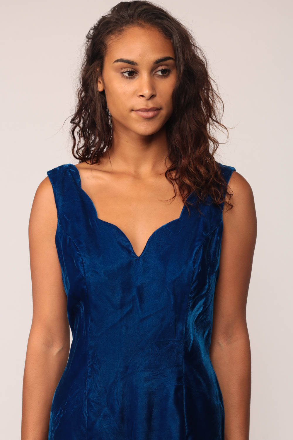 80s Blue Velvet Mini Dress Sleeveless Bodycon Scalloped Back Zip Medium