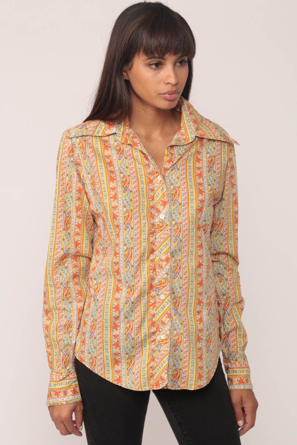 70s Saks Fifth Avenue Paisley Stripe Button-Up Blouse Long Sleeve Medium