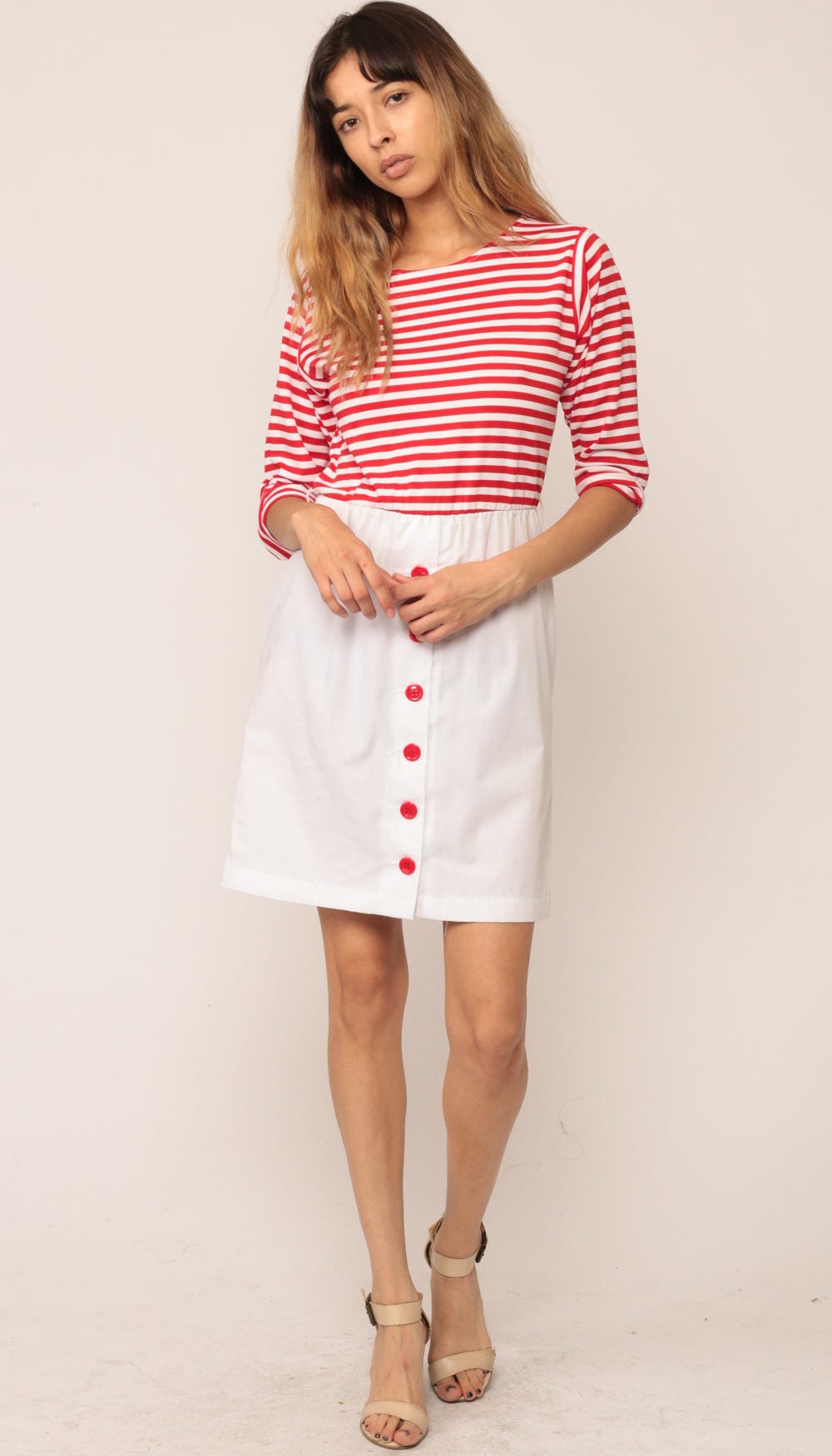 70s Striped Mini Dress Red White High Waist Button Up Skirt Small Medium