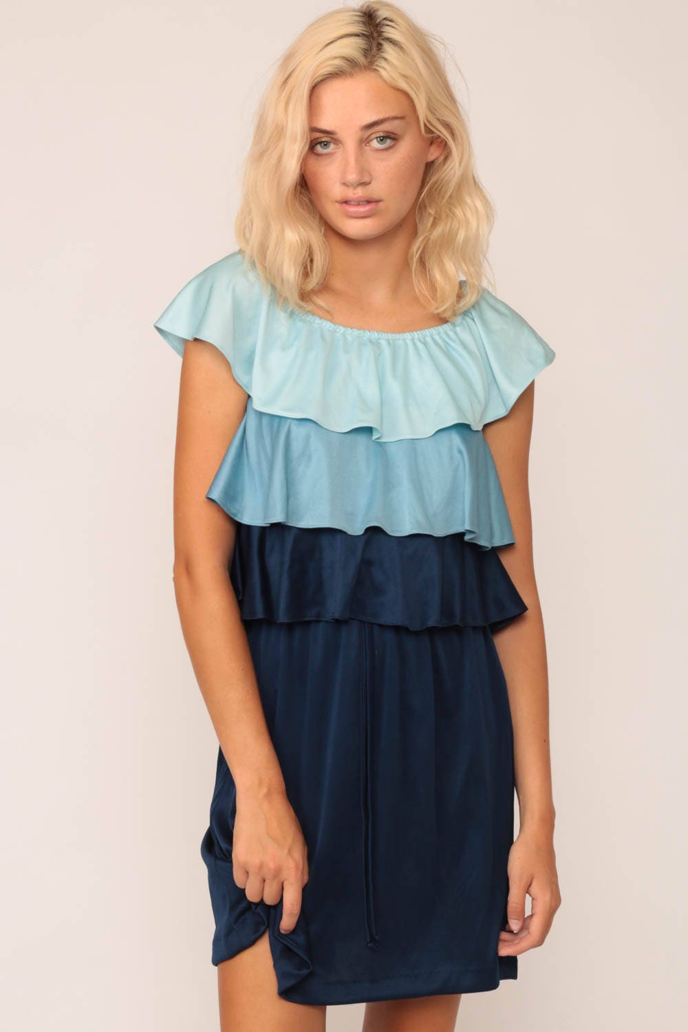 70s Blue Striped Mini Dress Tiered Flutter Sleeve Medium Large